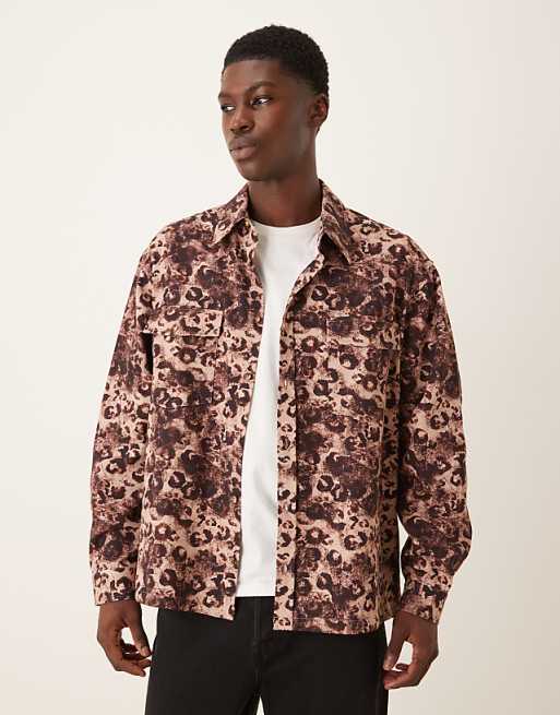 DESIGN oversized fit leopard printed shirt with pocket detail in heavy twill