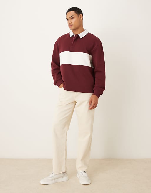 DESIGN Oversized Fit Polo Shirt With Cut And Sew Detail In Burgundy