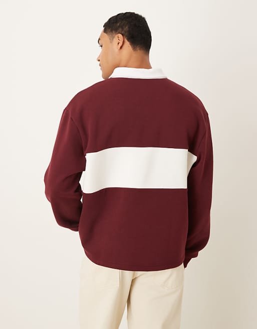 DESIGN Oversized Fit Polo Shirt With Cut And Sew Detail In Burgundy