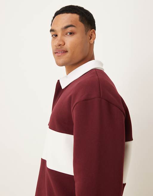 DESIGN Oversized Fit Polo Shirt With Cut And Sew Detail In Burgundy