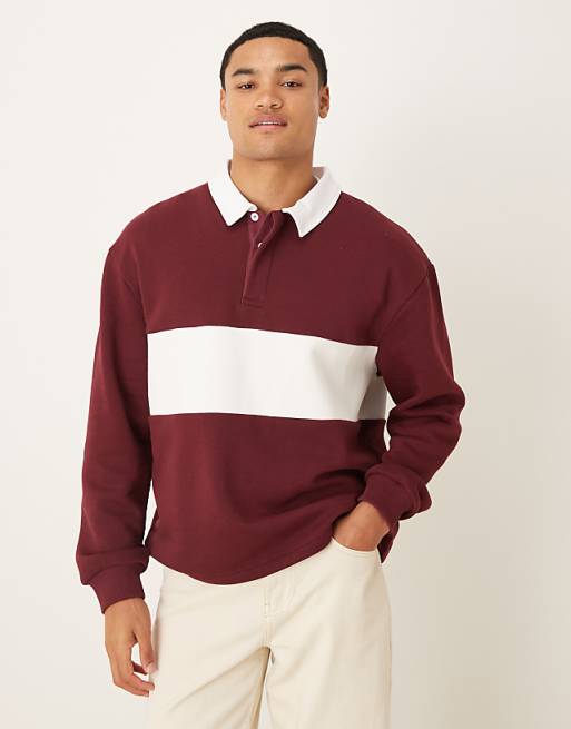 DESIGN oversized fit polo shirt with cut and sew detail in burgundy