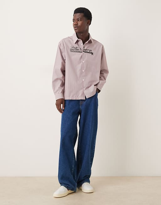 DESIGN Oversized Fit Shirt With Chest Print Detail In Burgundy Check