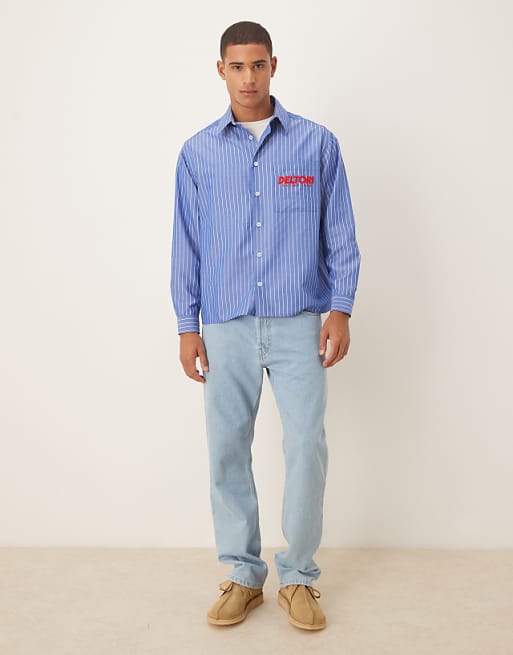 DESIGN Oversized Fit Shirt With Embroidered Logo In Blue Stripe Cotton Poplin