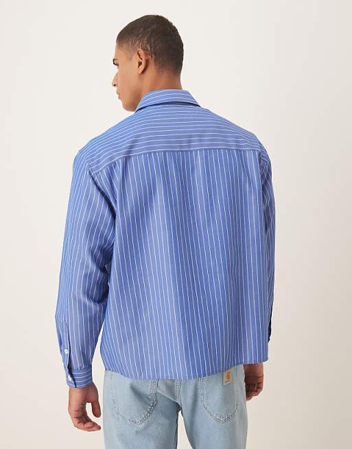 DESIGN Oversized Fit Shirt With Embroidered Logo In Blue Stripe Cotton Poplin