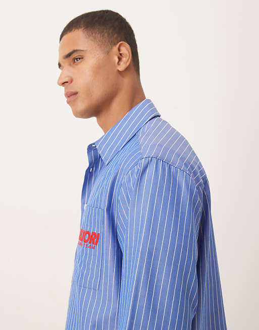 DESIGN Oversized Fit Shirt With Embroidered Logo In Blue Stripe Cotton Poplin