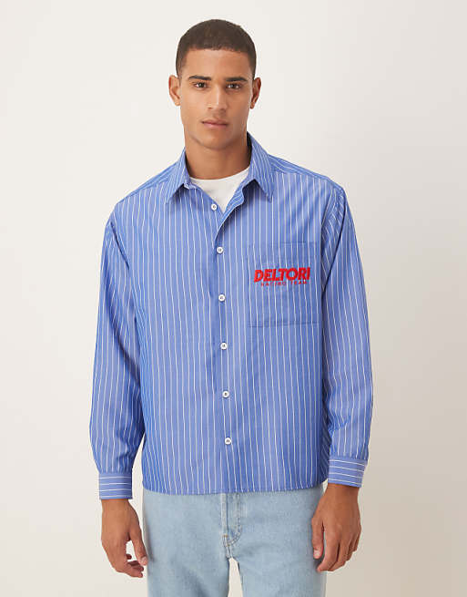 DESIGN oversized fit shirt with embroidered logo in blue stripe cotton poplin