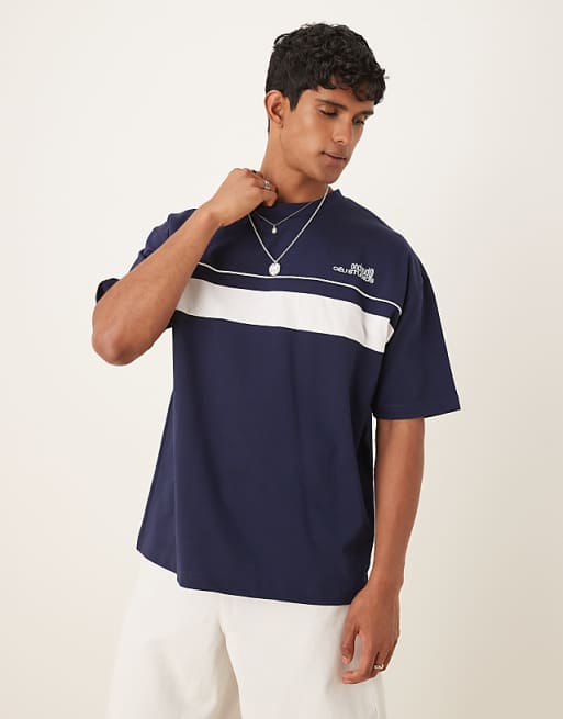 DESIGN oversized fit t-shirt with contrast chest panel in navy
