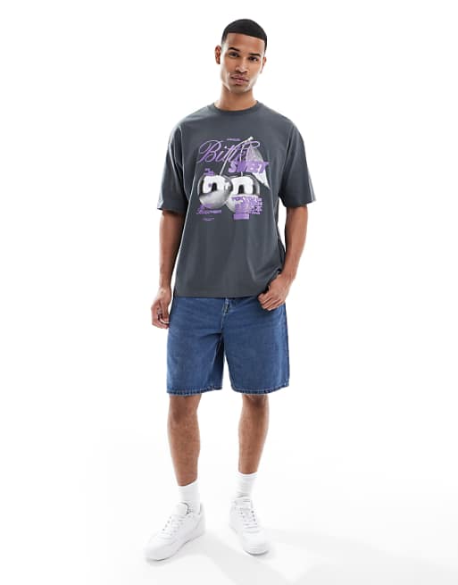 DESIGN Oversized Graphic T-shirt In Washed Black