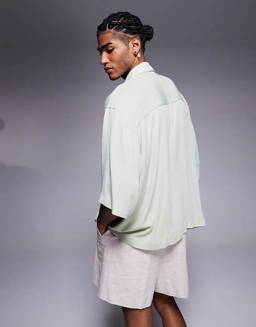 DESIGN Oversized Half Sleeve Sheer Shirt In Sage
