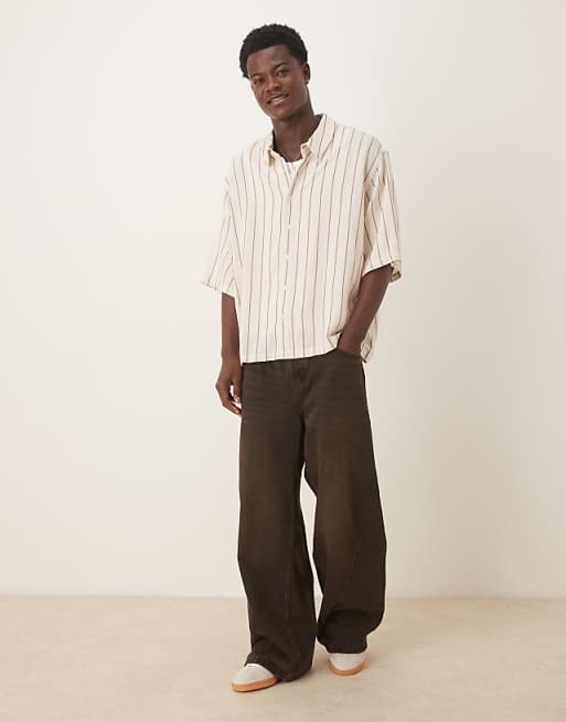 DESIGN Oversized Half Sleeve Shirt In Neutral Stripe