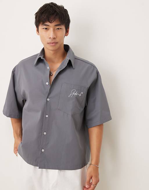 DESIGN Oversized Half Sleeve Shirt With Embroidery In Dark Grey