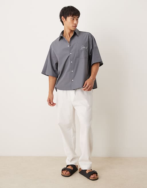 DESIGN Oversized Half Sleeve Shirt With Embroidery In Dark Grey