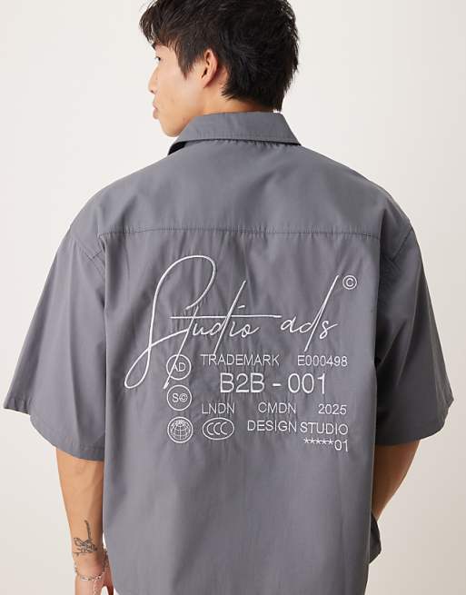 DESIGN Oversized Half Sleeve Shirt With Embroidery In Dark Grey