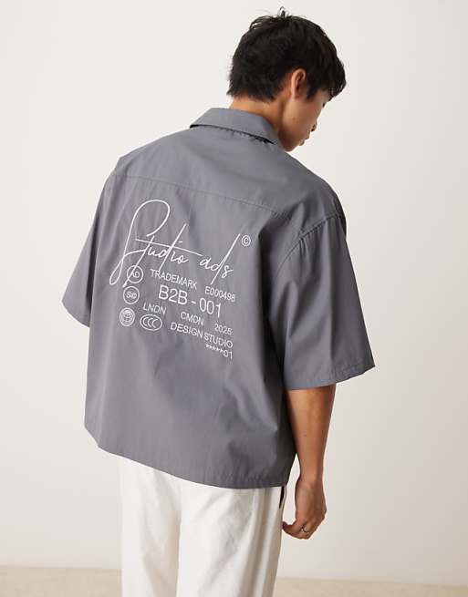 DESIGN oversized half sleeve shirt with embroidery in dark grey