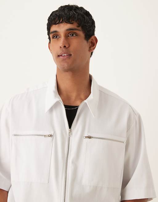 DESIGN Oversized Half Sleeve Shirt With Zip Pocket Detail In White