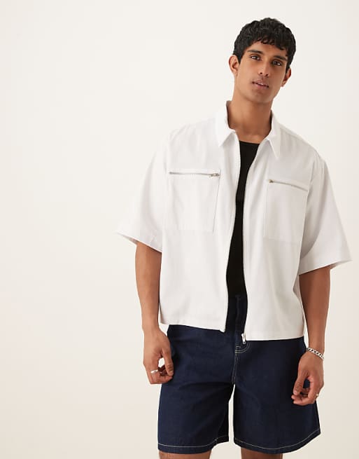 DESIGN oversized half sleeve shirt with zip pocket detail in white