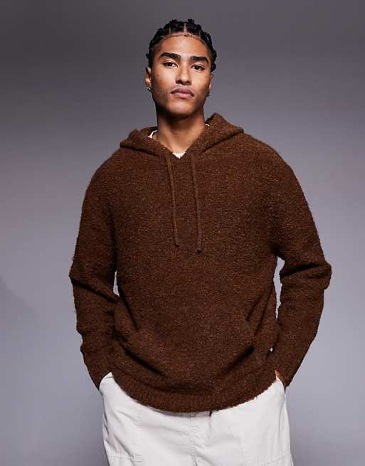 DESIGN oversized knitted boucle hoodie in brown