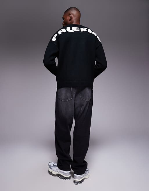 DESIGN Oversized Knitted Crew Neck Jumper With Palermo Back Print In Black