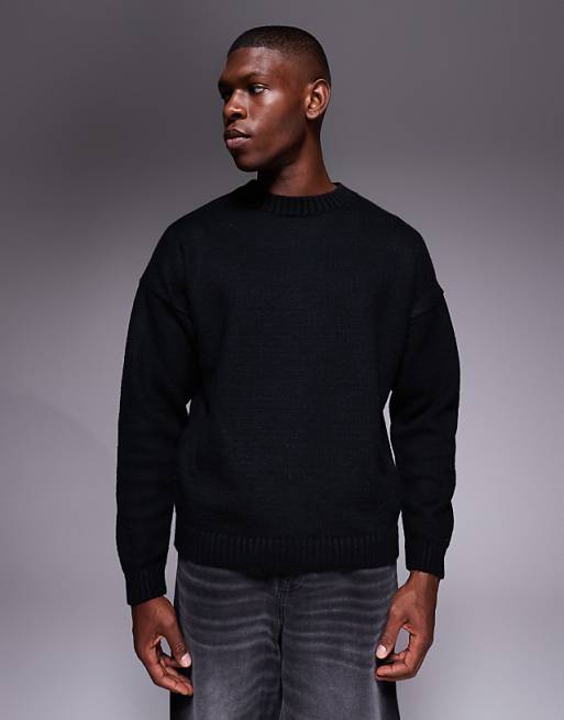 DESIGN Oversized Knitted Crew Neck Jumper With Palermo Back Print In Black