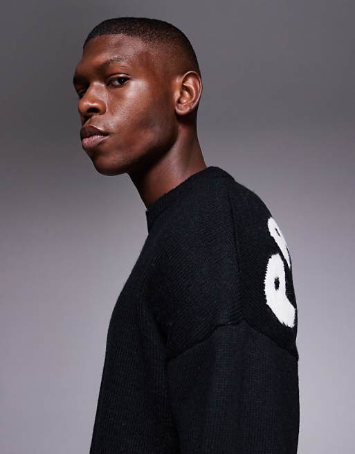 DESIGN Oversized Knitted Crew Neck Jumper With Palermo Back Print In Black