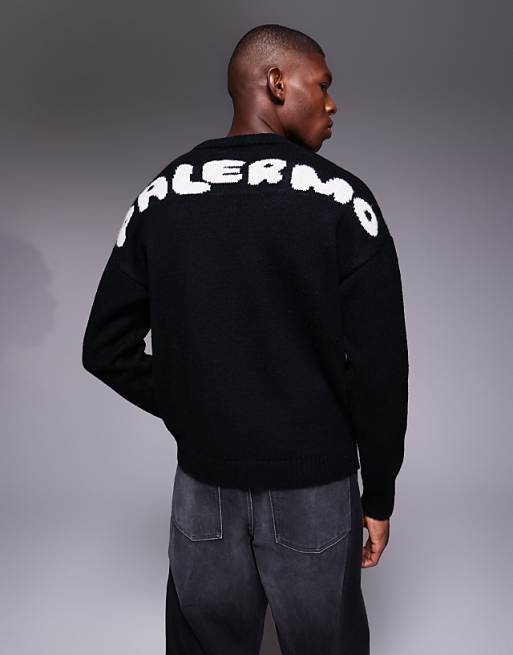 DESIGN oversized knitted crew neck jumper with Palermo back print in black