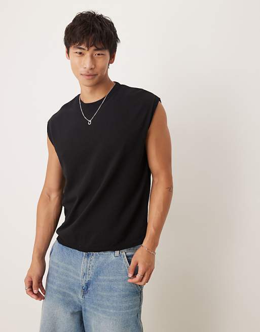 DESIGN oversized knitted crew neck tank in black