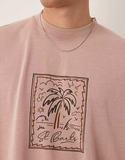 DESIGN Oversized Linen Look T-shirt With Palm Graphic In Dusty Pink