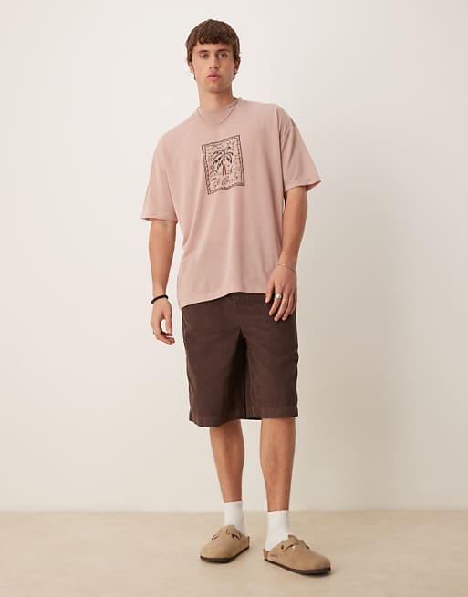 DESIGN Oversized Linen Look T-shirt With Palm Graphic In Dusty Pink