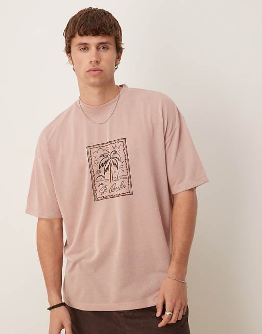 DESIGN oversized linen look t-shirt with palm graphic in dusty pink