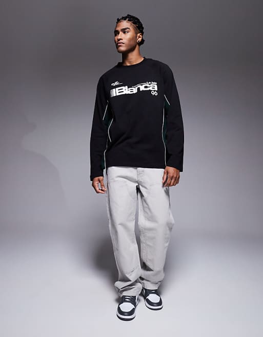 DESIGN Oversized Long Sleeve Cut And Sew T-shirt With Graphic In Black
