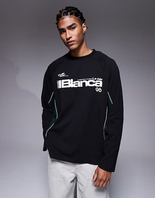 DESIGN oversized long sleeve cut and sew t-shirt with graphic in black