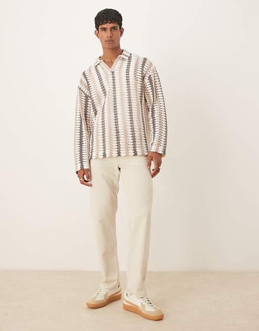 DESIGN Oversized Long Sleeve Polo In Neutral Striped Crochet