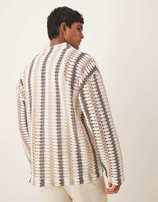 DESIGN Oversized Long Sleeve Polo In Neutral Striped Crochet