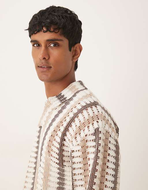 DESIGN Oversized Long Sleeve Polo In Neutral Striped Crochet