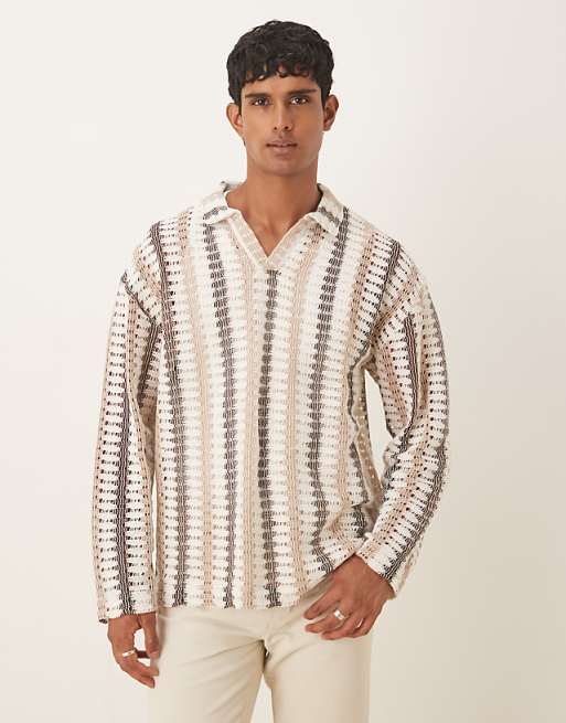 DESIGN oversized long sleeve polo in neutral striped crochet