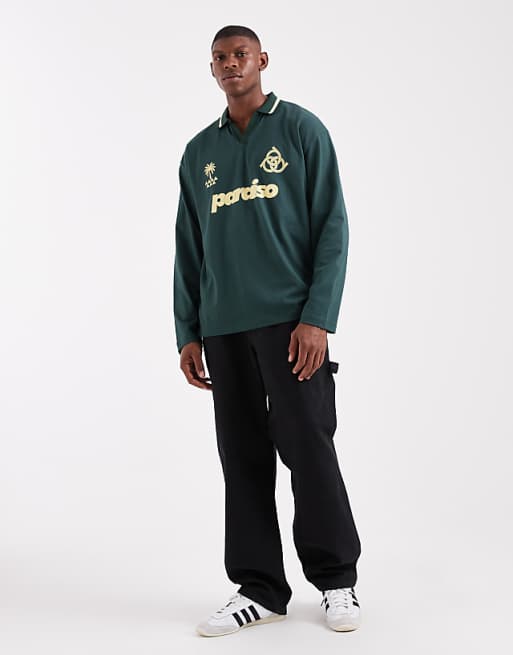 DESIGN Oversized Long Sleeve Polo With Paraiso Graphic In Dark Green