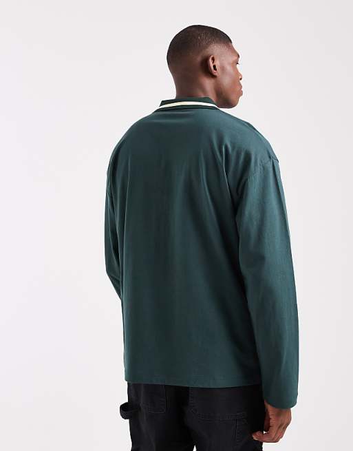 DESIGN Oversized Long Sleeve Polo With Paraiso Graphic In Dark Green