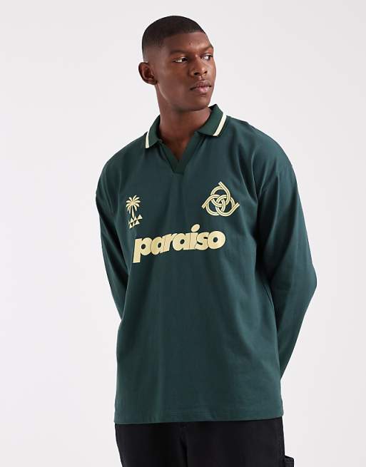 DESIGN oversized long sleeve polo with paraiso graphic in dark green