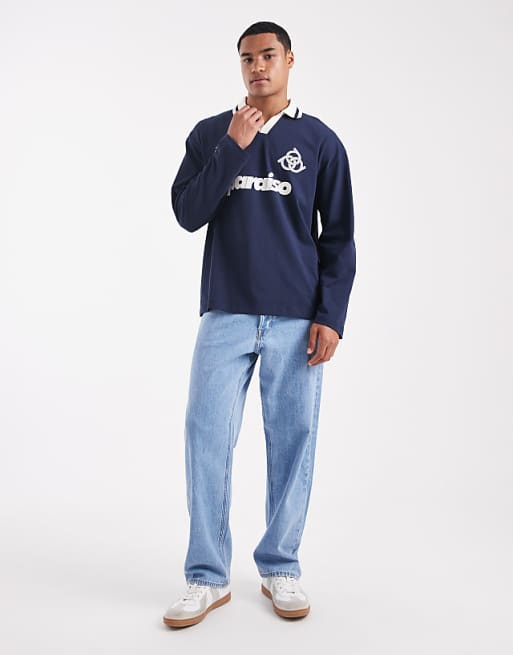 DESIGN Oversized Long Sleeve Polo With Sports Graphic In Navy