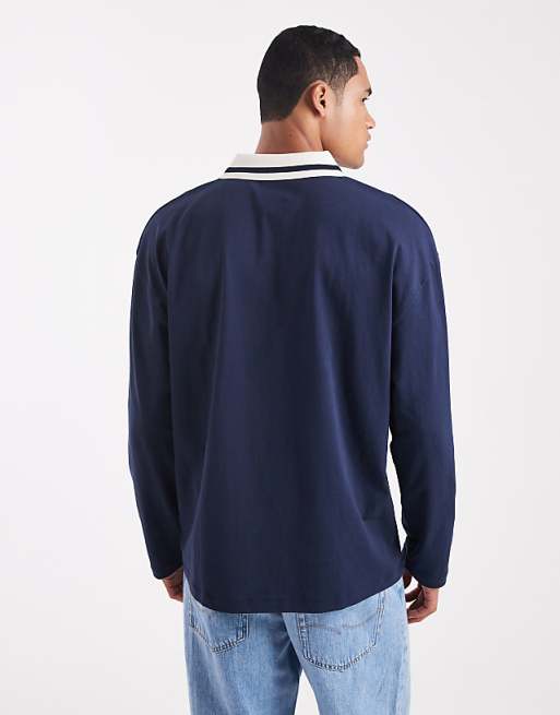DESIGN Oversized Long Sleeve Polo With Sports Graphic In Navy