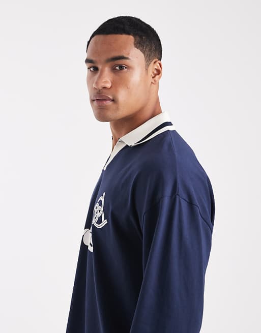 DESIGN Oversized Long Sleeve Polo With Sports Graphic In Navy