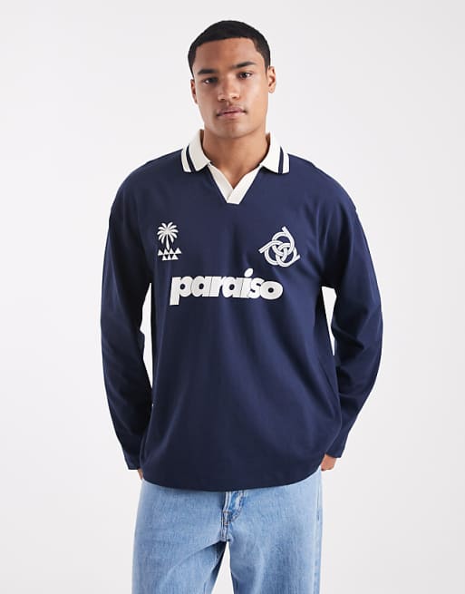 DESIGN oversized long sleeve polo with sports graphic in navy