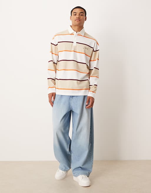 DESIGN Oversized Long Sleeve Polo With Text Graphic In Neutral Stripe