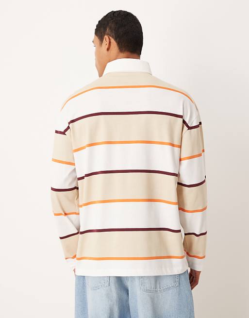 DESIGN Oversized Long Sleeve Polo With Text Graphic In Neutral Stripe