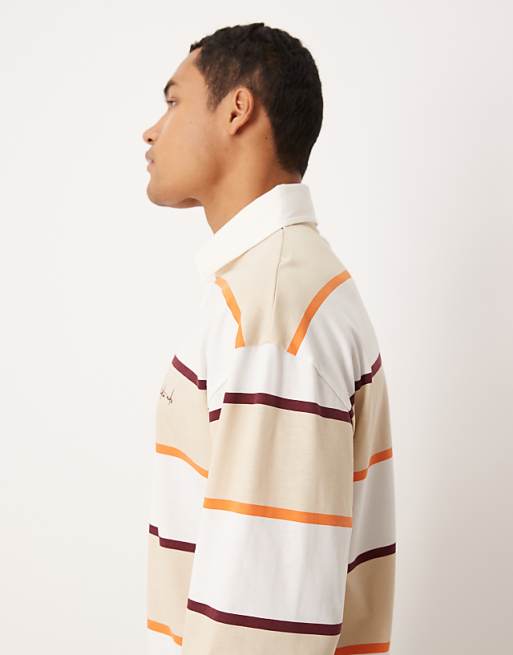 DESIGN Oversized Long Sleeve Polo With Text Graphic In Neutral Stripe