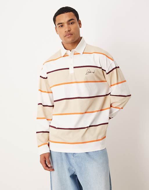 DESIGN oversized long sleeve polo with text graphic in neutral stripe
