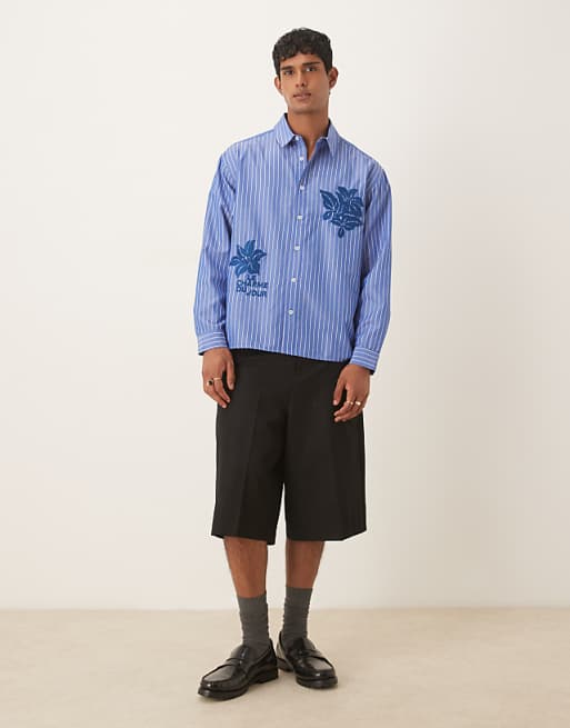 DESIGN Oversized Long Sleeve Shirt With Embroidery In Blue Stripe