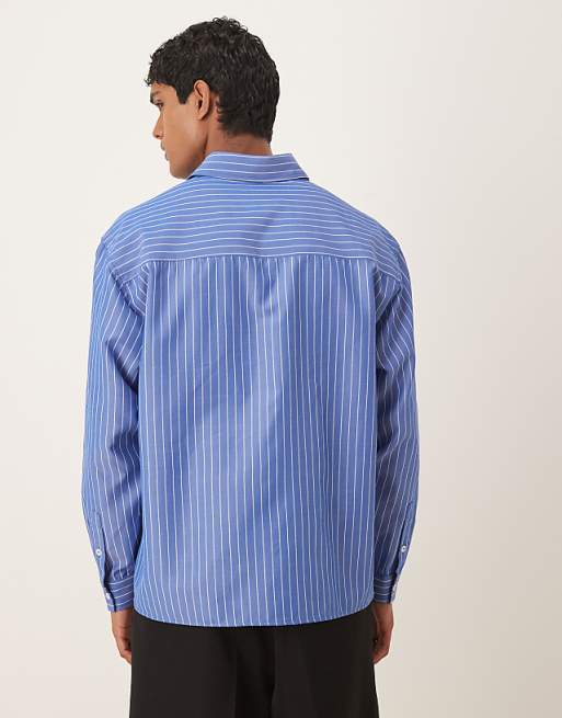 DESIGN Oversized Long Sleeve Shirt With Embroidery In Blue Stripe
