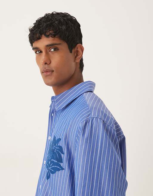 DESIGN Oversized Long Sleeve Shirt With Embroidery In Blue Stripe