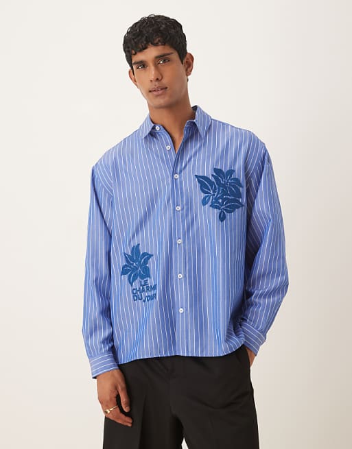 DESIGN oversized long sleeve shirt with embroidery in blue stripe